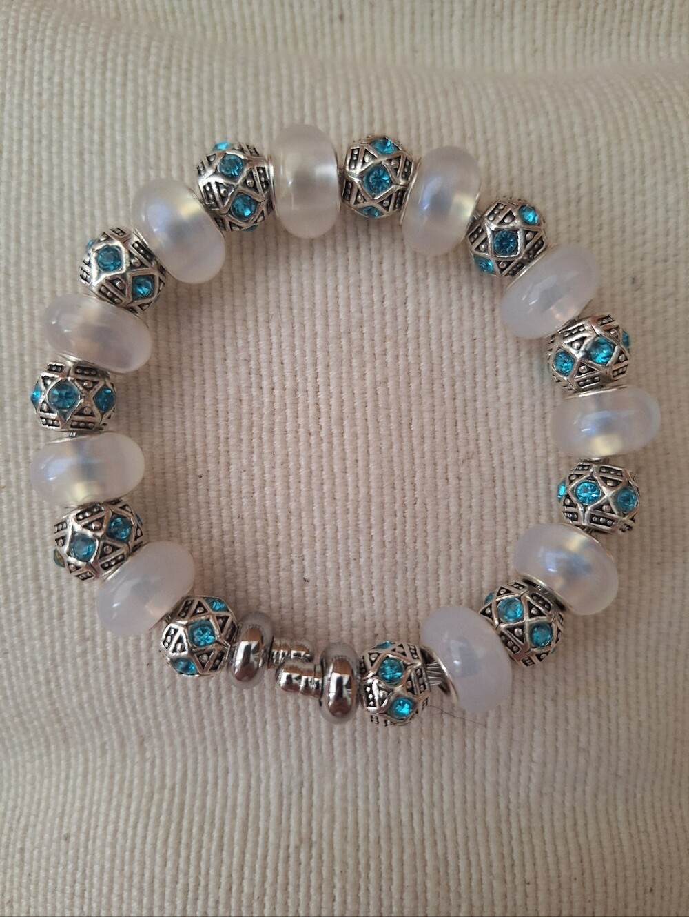Opalescent Glass Bead Bracelet with Turquoise Silver Encased Gem Stones Bracele
